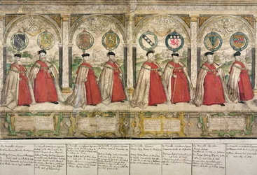 Procesión compuesta imaginaria de los Caballeros de la Jarretera en Windsor, grabado por Marcus Gheeraerts el Viejo, 1576